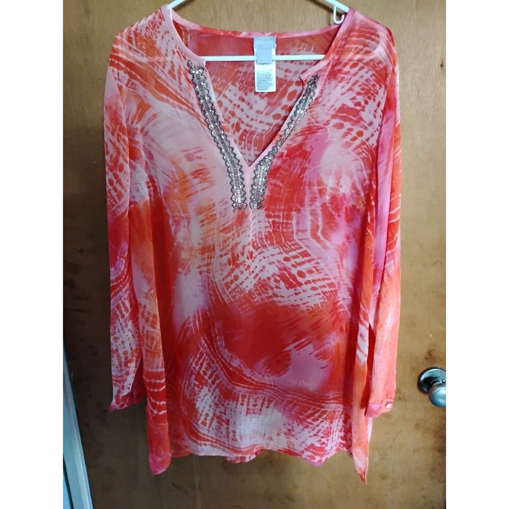 Chico's Bright Pink Orange Tie-Dye Sheer Beach Cover Up Resort Vacay Top Size 3
